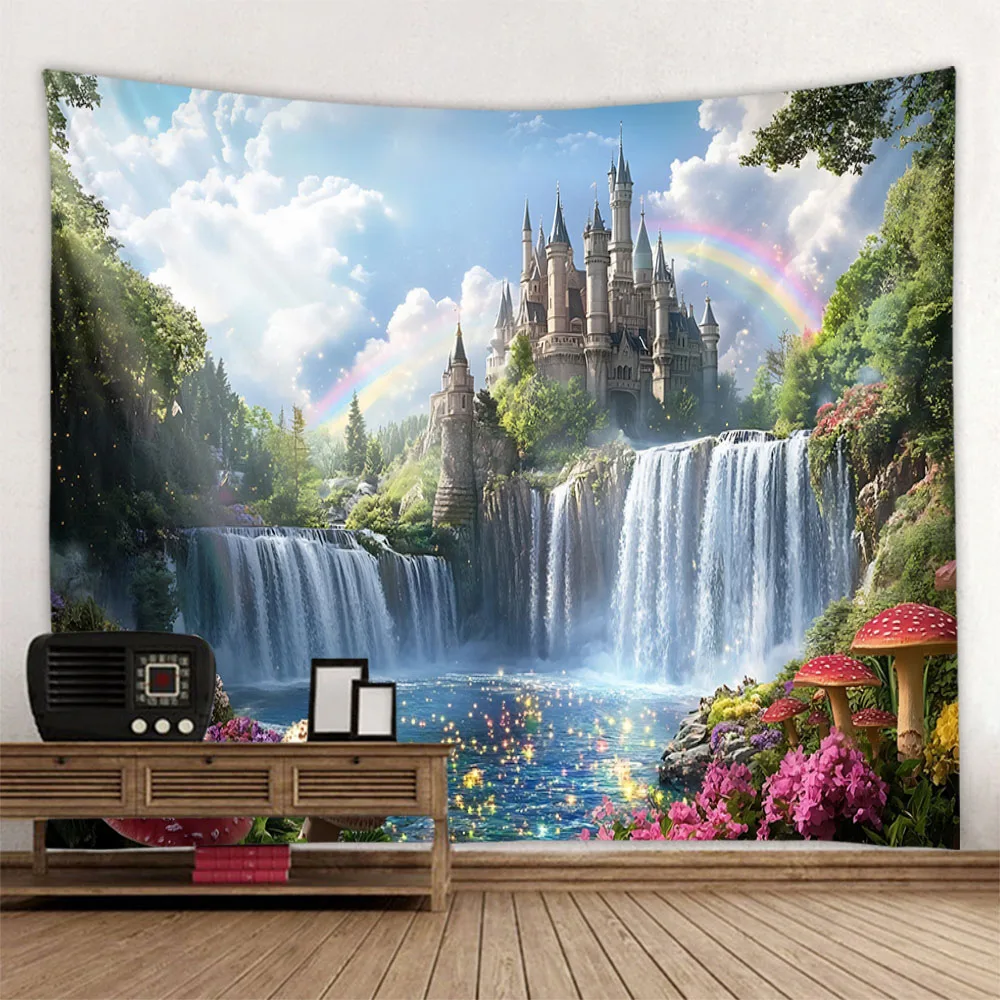 Dreamy castle background wallpaper, bedroom tapestry, cartoon decoration, hippie aesthetic home wall hanging, yoga mat