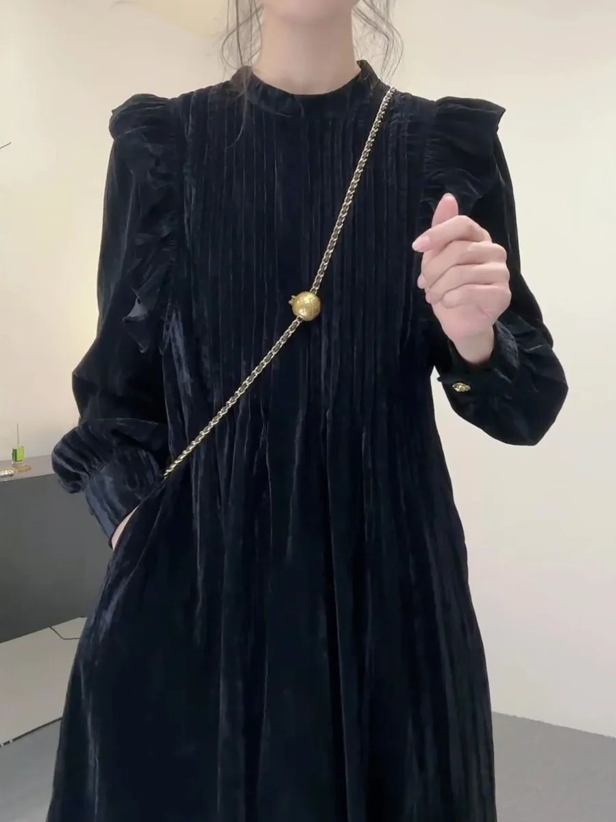 Chic Velvet Pleated Dress Women Long Sleeve Elegant Midi Dress Women Autumn Winter Trend Casual Korean Formal Party Dress