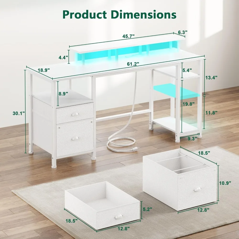Reversible Gaming Desk with Power Outlet, LED Lights, File Cabinet, and Monitor Stand for Home Office Use