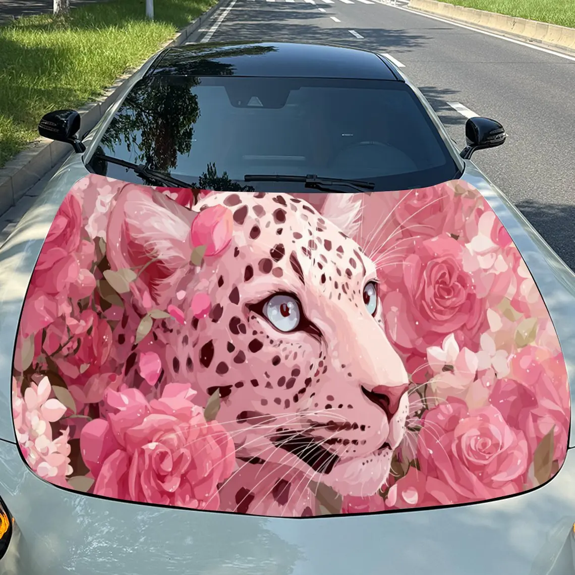 Romantic Pink Leopard with Roses PVC Car Engine Hood Vinyl Wraps, Self-Adhesive Waterproof Car Hood Decal Sticker, Car Decoratio