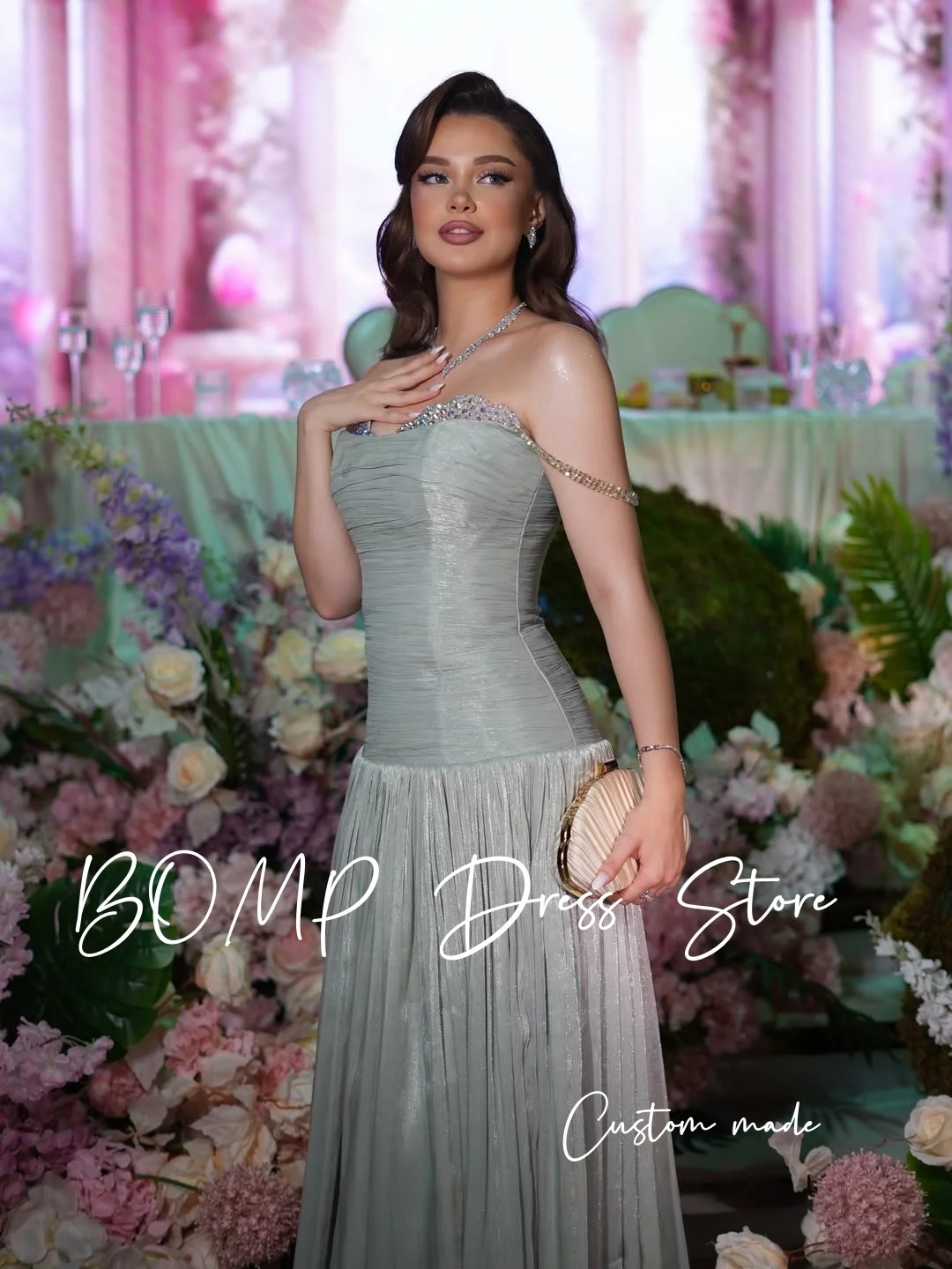 BOMP Sparkly Saliegroene Avondjurk Sweetheart Kleurrijke Kristallen A-lijn Amerikaanse Vrouw Prom Gown Bruiloft Jurken Aangepast