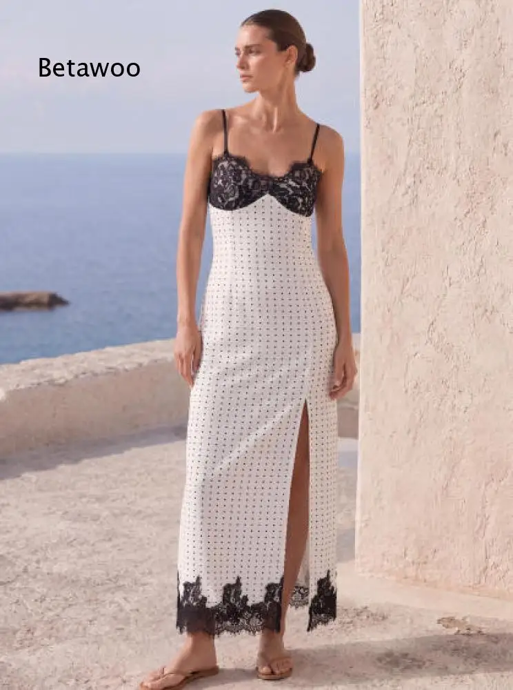 Polka Dot Midi Dress For Women Spaghetti Strap Lace Trim Long Dress With Side Split For Holiday Beach Casual Outing Events