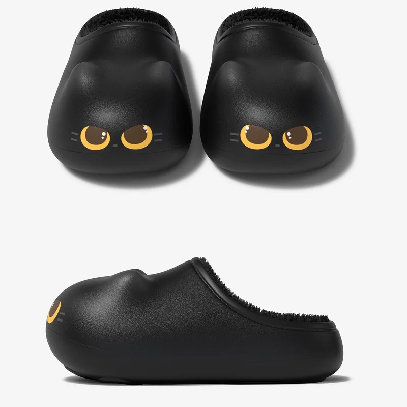 3D Schwarze Katzen-Plüschpantoffeln für Damen, EVA Wasserdicht, Fleece-Futter, Clogs, Winter-Wärme für drinnen und draußen, Kätzchen-Hausschuhe – Detail 25