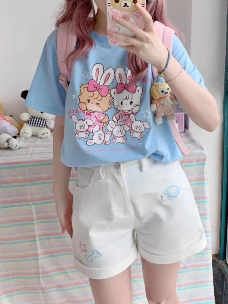 ADAgirl Kawaii Rabbit Ears Print T-shirts Women Funny Bear Graphic Summer Tees Japanese Short Sleeve Oversize Soft Girl Clothes