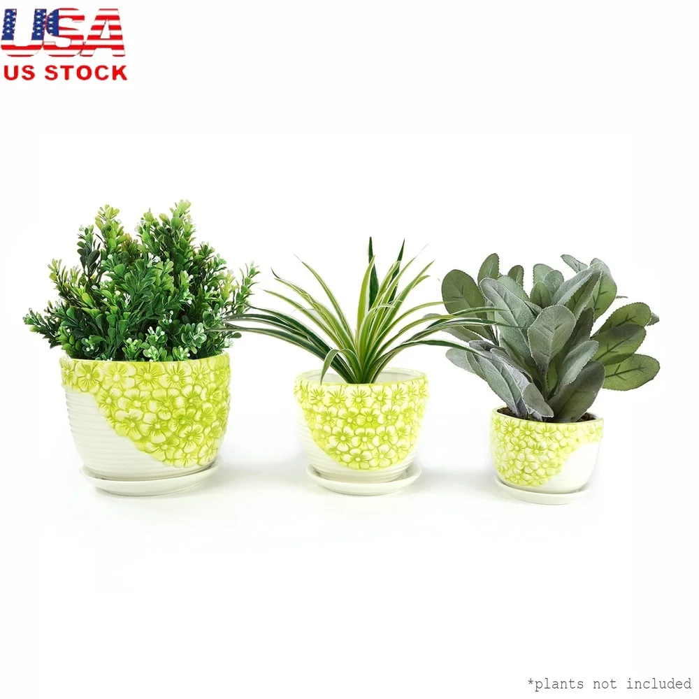 

Set of 3 Round Ceramic Planter Pots with Drainage Holes and Water Saucer Indoor Outdoor Planting Lime Yellow