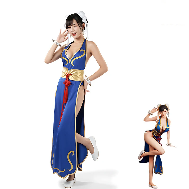 

Chun Li Game Street Cosplay Costume Blue Battle Dress Fighter Chinese Style Cheongsam Set Woman Adult Anime Halloween Outfit
