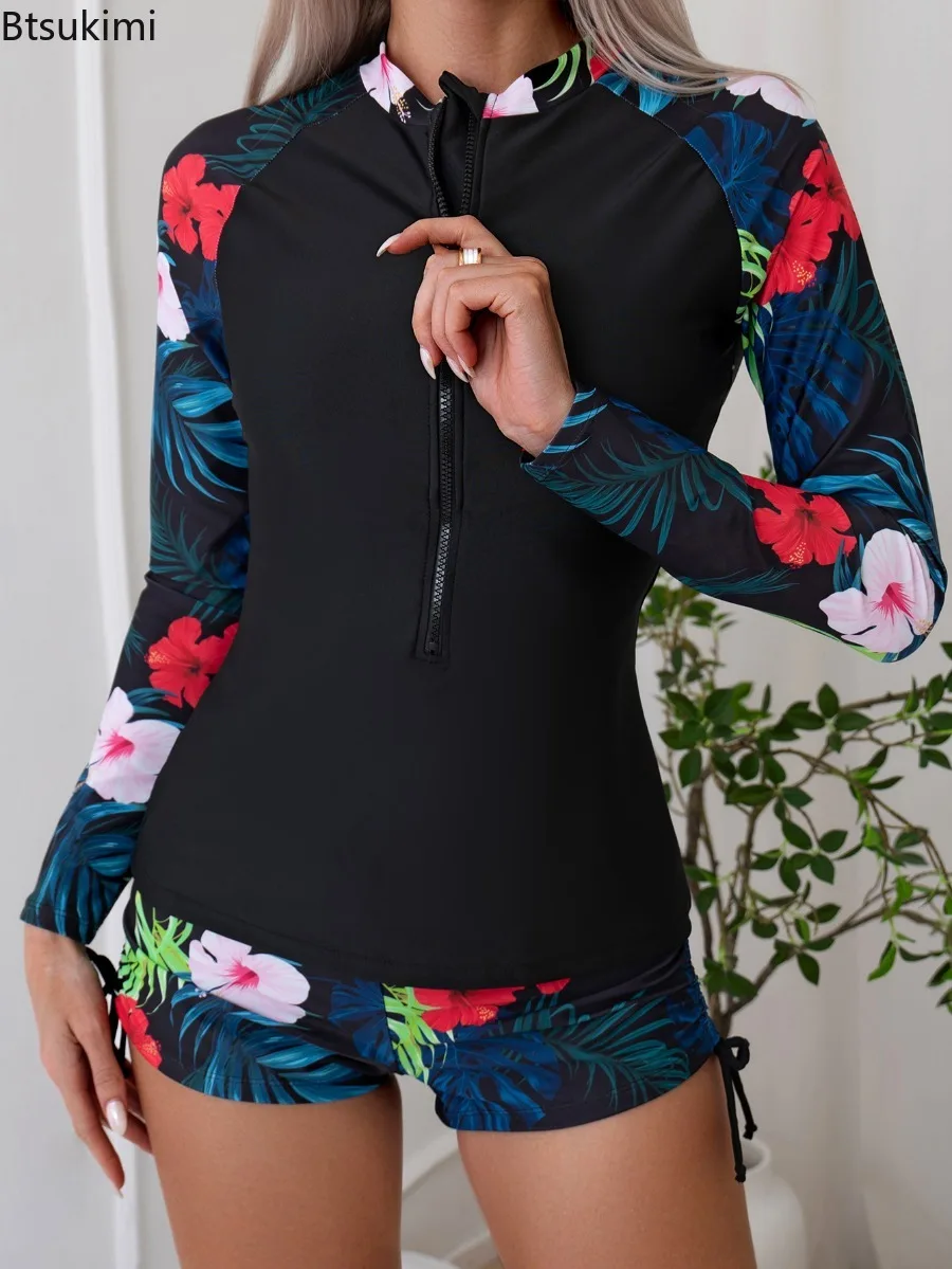 Women's Long Sleeved Printed Swimsuit Sports Surfing Split Swimsuit Zipper Two-piece Bikini High Neck Sun Protection Beachwear