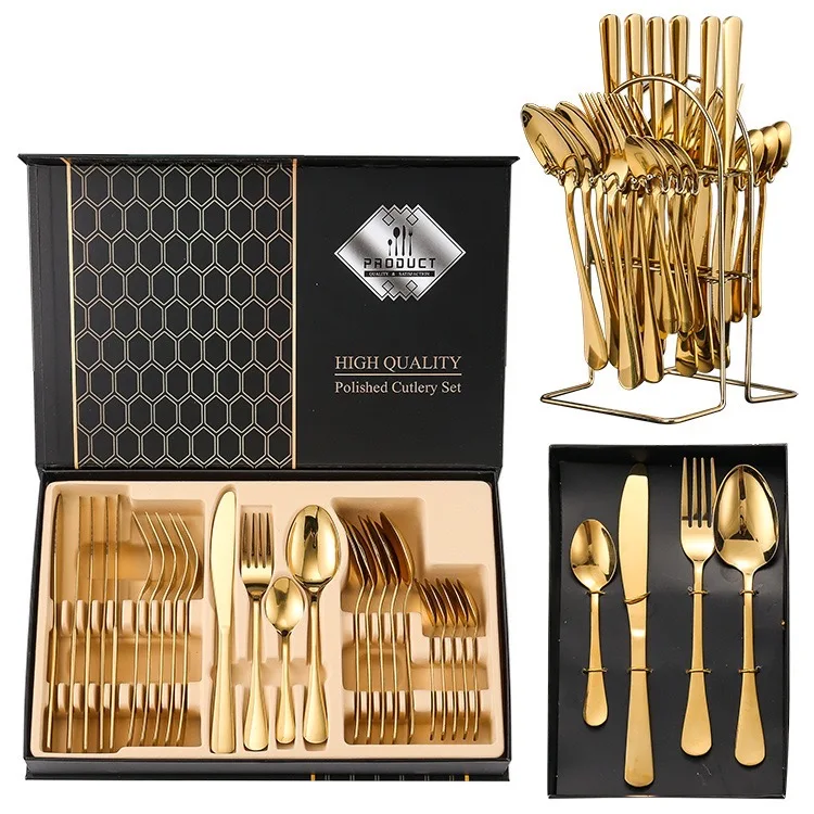 24 pieces stainless steel western tableware set gold colored silver 1010 spoon fork knife set