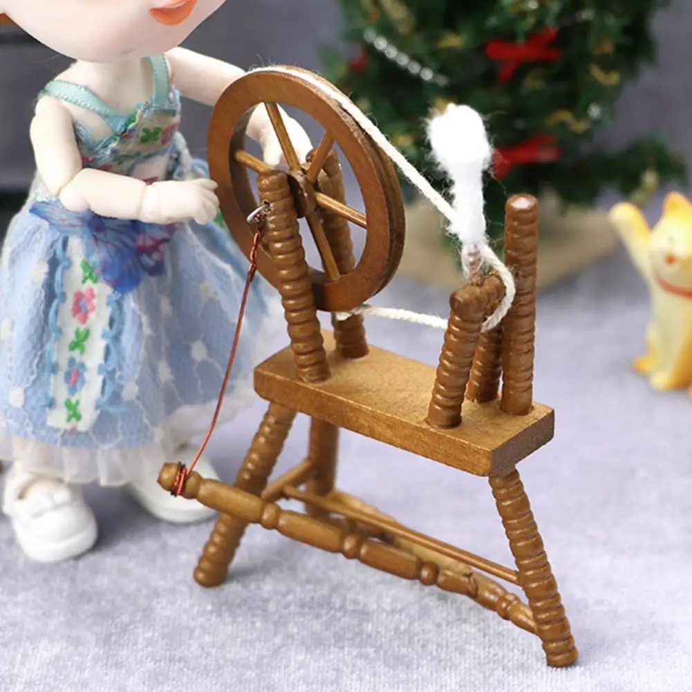 Miniature Spinning Wheel Retro Realistic Wooden 1/12 Scale Maroon Spinning Wheel Model Small ornaments