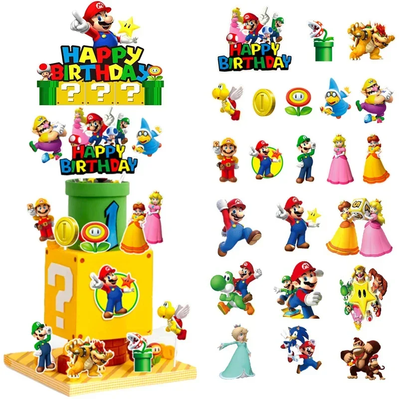 Super Mario Bros Cake Topper Anime Happy Birthday Cake Topper Flage for Kids Boy Cartoon Party Cake Decoration Supplies Gifts