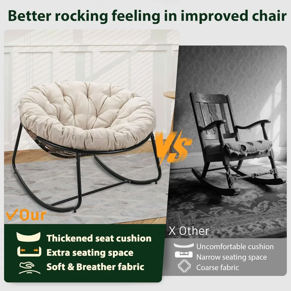 Sedia a dondolo Papasan imbottita beige oversize con struttura nera e sedia a uovo in vimini per lounge