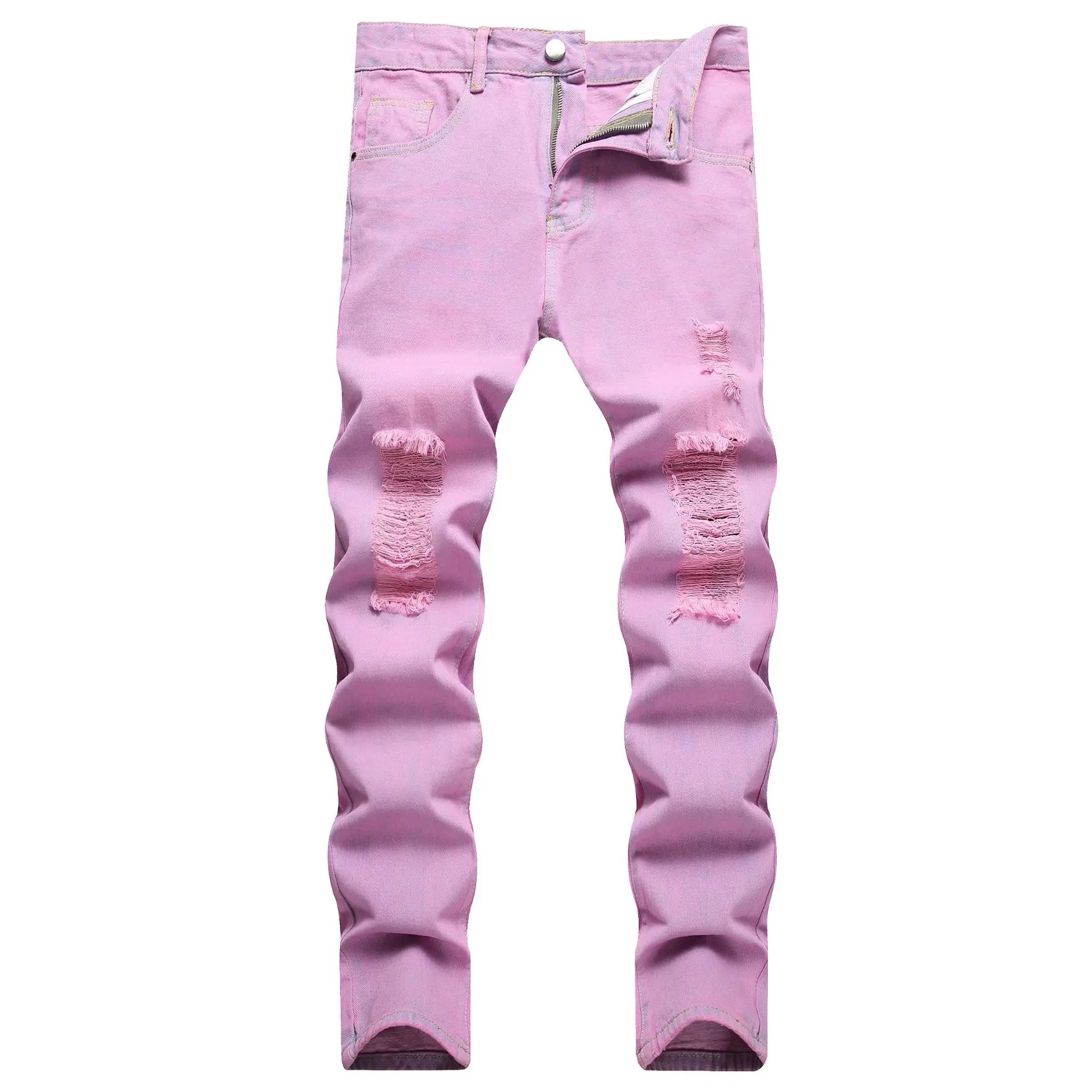 

Pencil Pants Men Hole Jeans Straight Trousers Ripped Skinny Mid Waist Pockets Vintage Distressed Washed Male Denims Streetwear