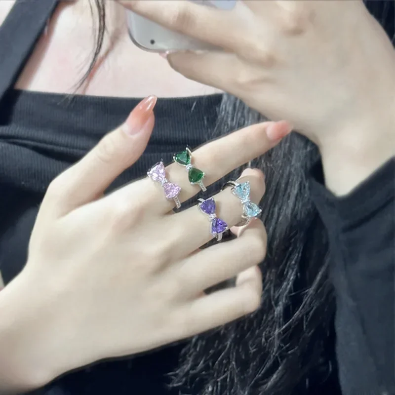 

MDL Moissanite Style. Кольцо с розовым бантом, женское кольцо с розовым бриллиантом и цирконием, французский нежный микронабор, милое кольцо для девочек