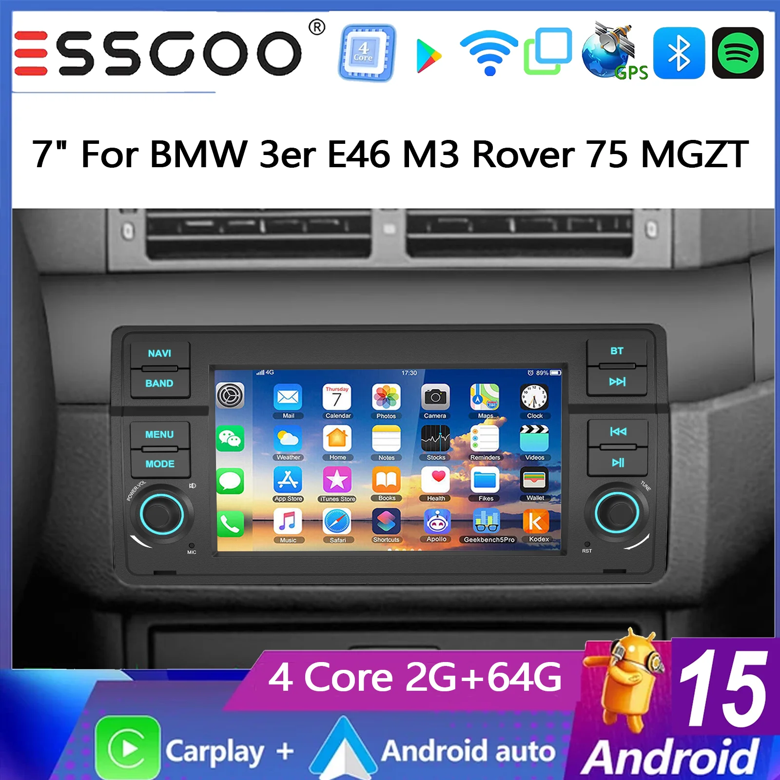 ESSGOO 7 Zoll 2+64G Android 15 Autoradio für BMW 3er E46 M3 Rover 75 MGZT mit kabellosem Carplay, Android Auto, GPS-Navigation, Bluetooth, FM, SWC, Wifi, RDS, ASP, IPS Touchscreen, Mirror Link,