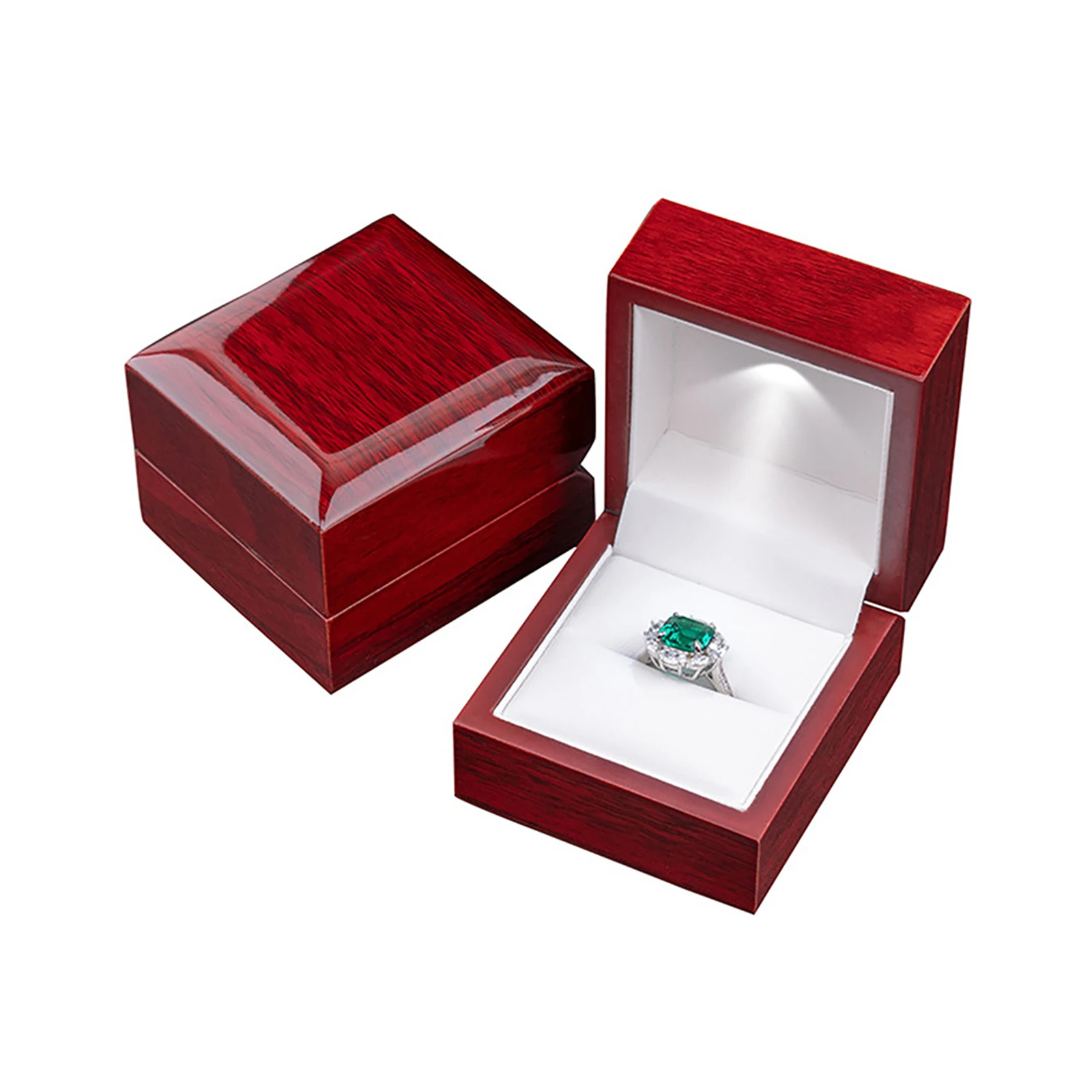 

Quality Durable LED-lit 65x60x52mm Velvet Red Ring Solid Wooden Ring Earring Jewelry Box Packaging Gift Storage Box