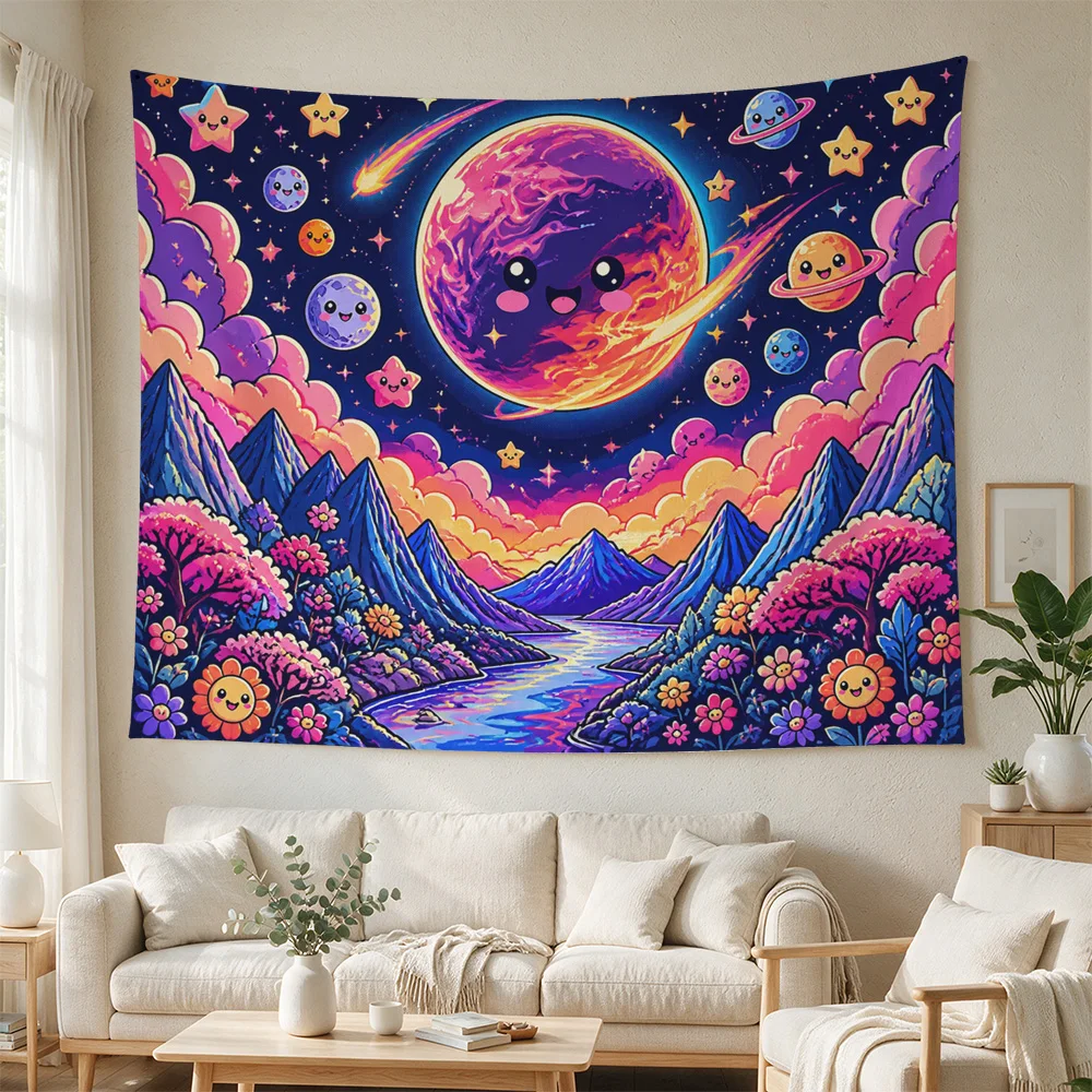 Vibrant Galaxy Mountain Constellation Tapestry Boho Wall Hanging Space Dream Art for Bedroom Living Room Decor