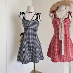 Summer Women Dress Plaid Bow Tie Fashion Sexy Sweet Backless Seaside Resort Style Slip Dress