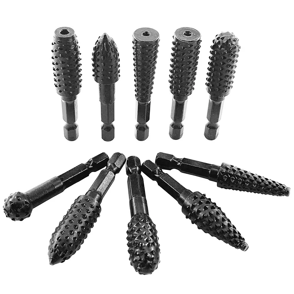 

10-Piece 1/4inch(6.35mm) Integral Quick Exchangeable Hexagon Shank Rotary Burr Wood Carving Rasp Files Set for Wood