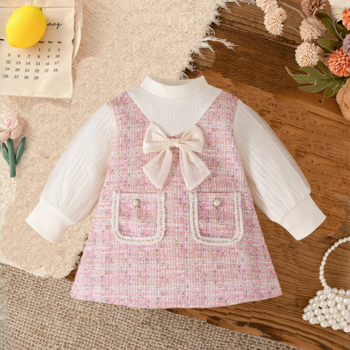 Kids Dresses For Girls Spring Korean Fashion Cute Bow Long Sleeve Children's Princess Party Dress Baby Clothes Outfit 1-5Years