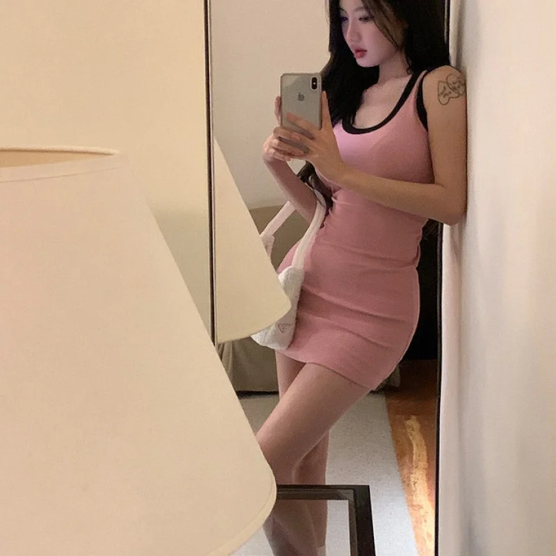 

Fashionable Sexy Slim Fit Color Block Tank Dress Summer New Style Elegant Tight Short Sleeveless Bodycon Dress