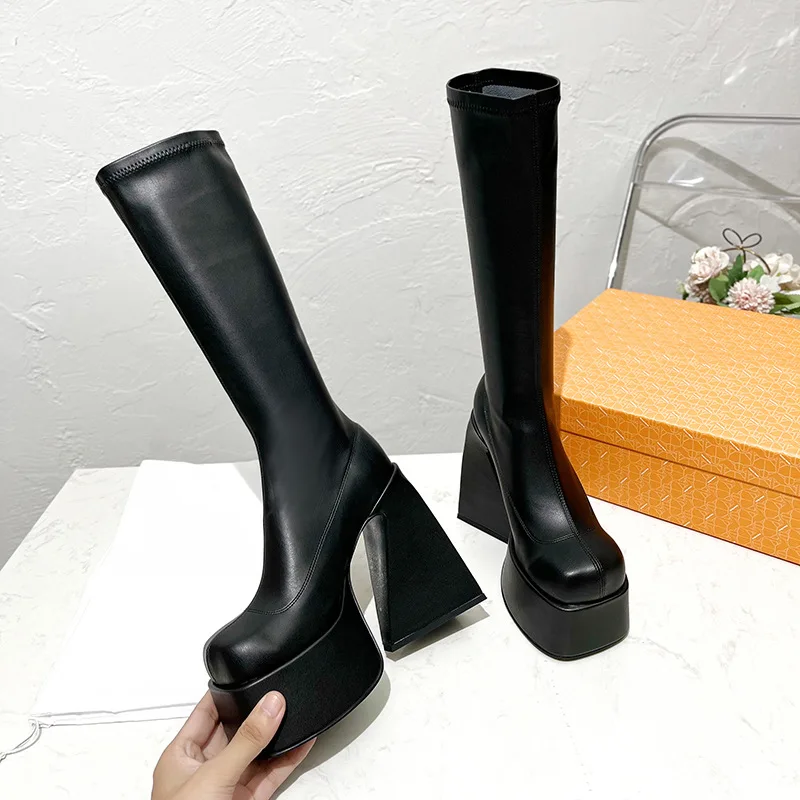 

14Cm Super High Heel Stretch Boots Women Platform Square Toe Punk Style Knee-High Boots Black Square Heel Fashion Women Shoes