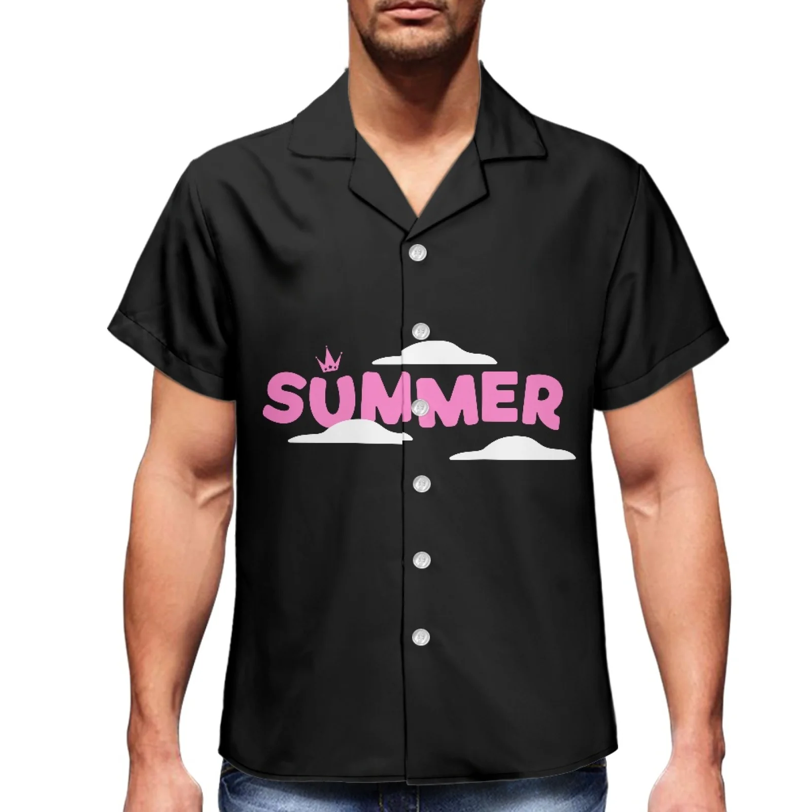 

Lettering Solid color background printed Luxury Beach Hawaiian Luxury Men's Summer V-Neck Short Sleeve Sport Travel Custom Shirt