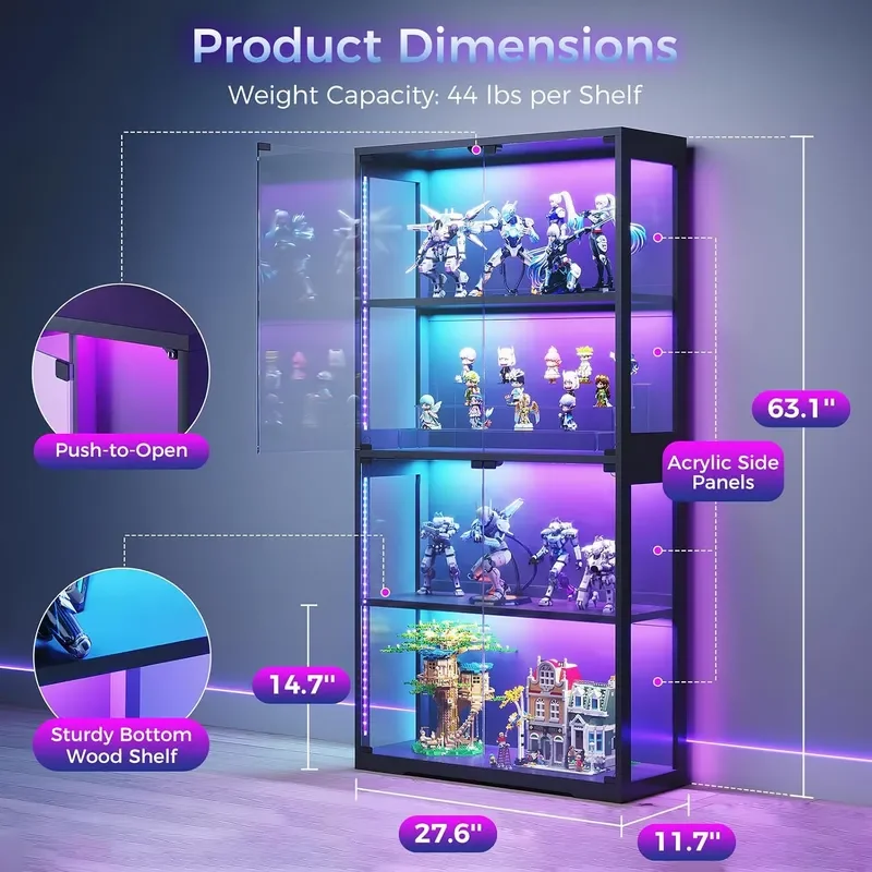 Display Case with Glass Doors and RGB LED Light Glass Display Cabinet