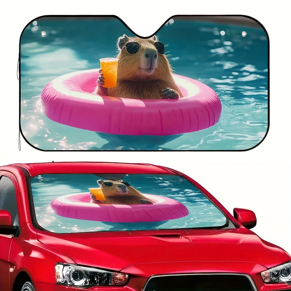 1piece Capybara Swimming Pool Party Print Car Sunshade Cool Summmer Stylish Design Comes with 4 Suction CUPS
