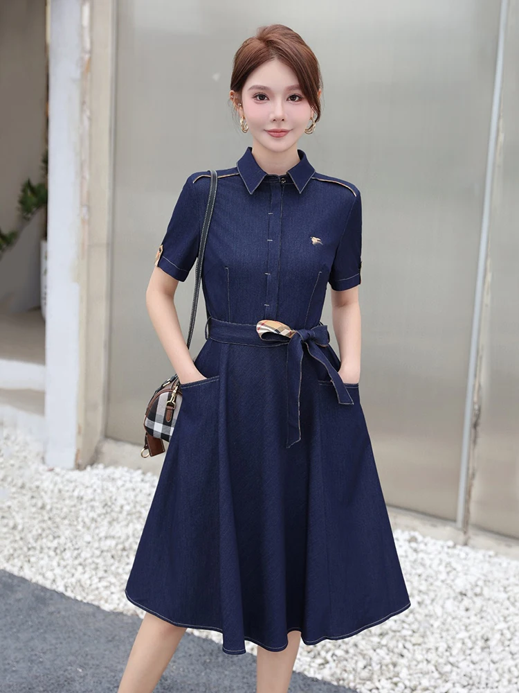 

British Style Retro Women's Short Sleeve Neck A-Line Slim Soft Denim Dress Summer Commute Polka Dot Print Midi Dress