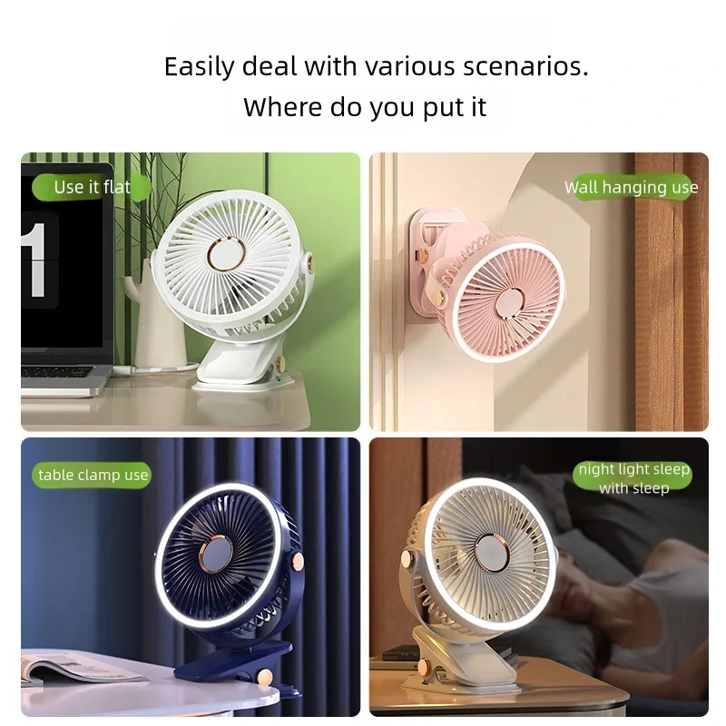 Camping Fan Rechargeable Desktop Portable Air Circulator Wireless Ceiling Electric Fan With LED Light Clip-on Home Fan