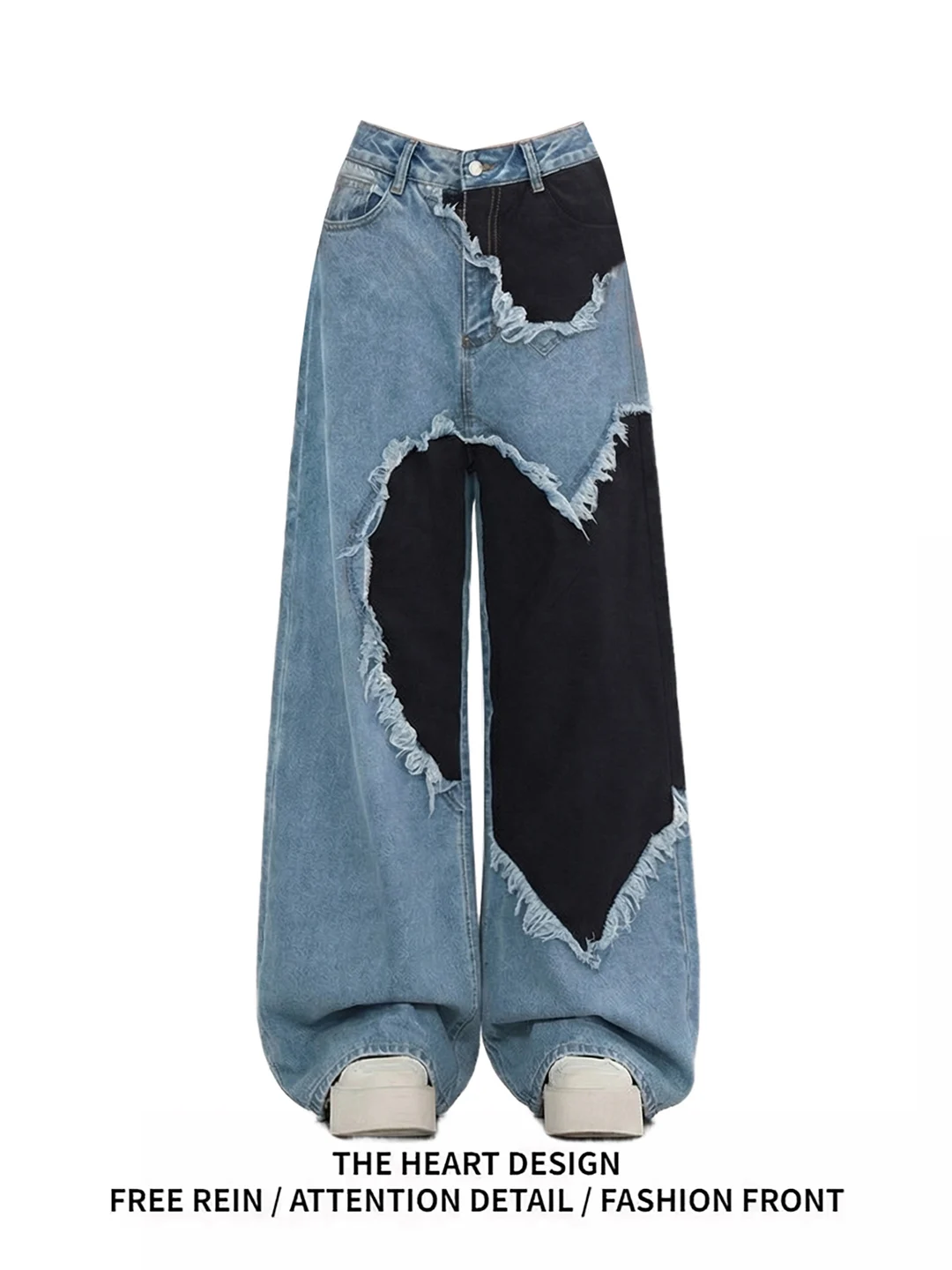 

Love Heart Wide Leg Denim Jeans Women's Spring 2026 New Design Splicing Loose Straight Cut Trousers Casual High Waist Polyest...