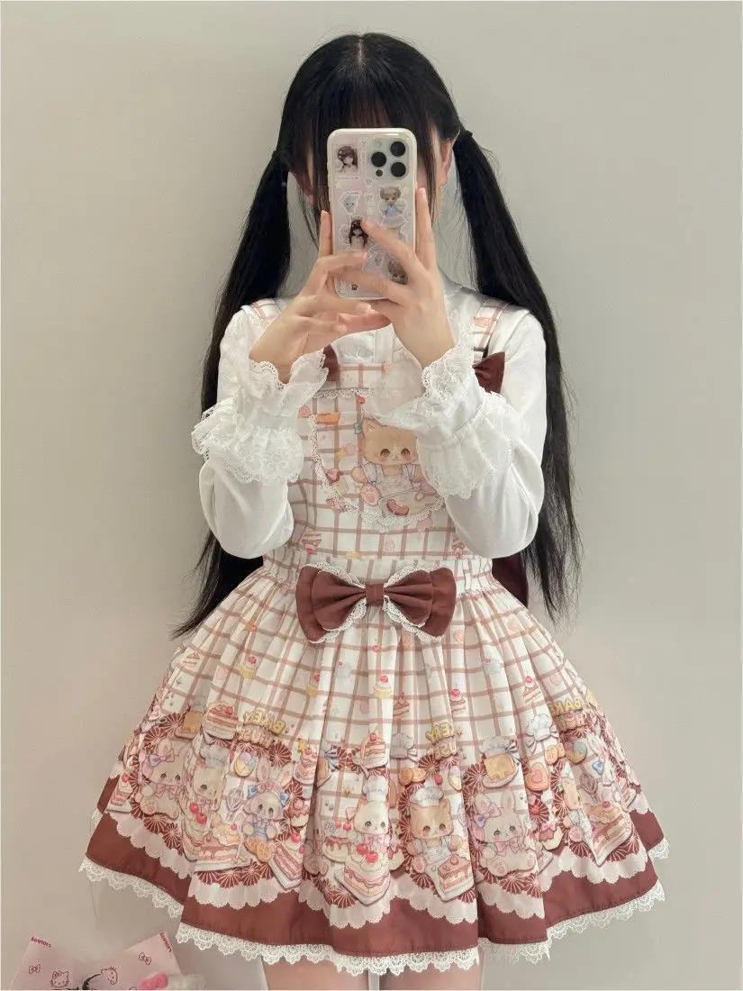 SOIOMES 【 كعكة الدب الصغير 】 قميص لوليتا الأصلي، تنورة بحزام على شكل دمية يومية لطيفة، للربيع والخريف