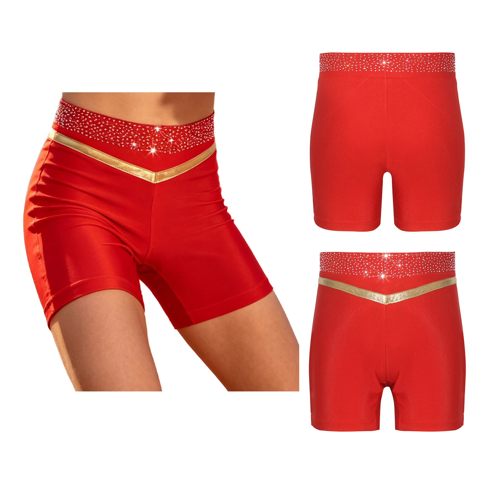 Kids Girls Gymnastics Dance Shorts Costume Metallic Trim Shiny Rhinestones Elastic Waistband for Training Stage Performance