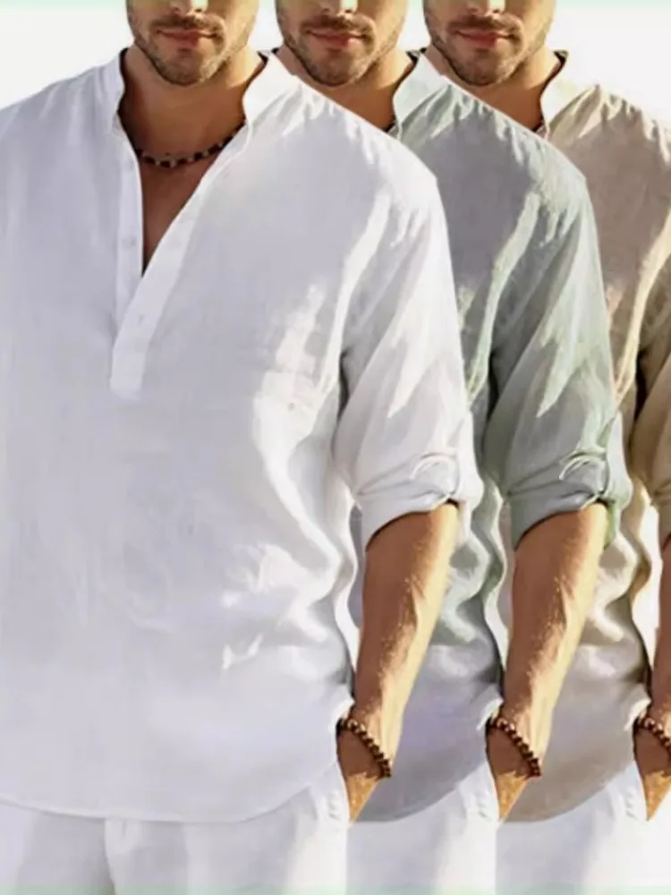 

Мужская летняя повседневная рубашка из хлопка и льна, тонкая, с длинным рукавом, свободного кроя, винтажная, с воротником-стойкой, дышащая, легкая.