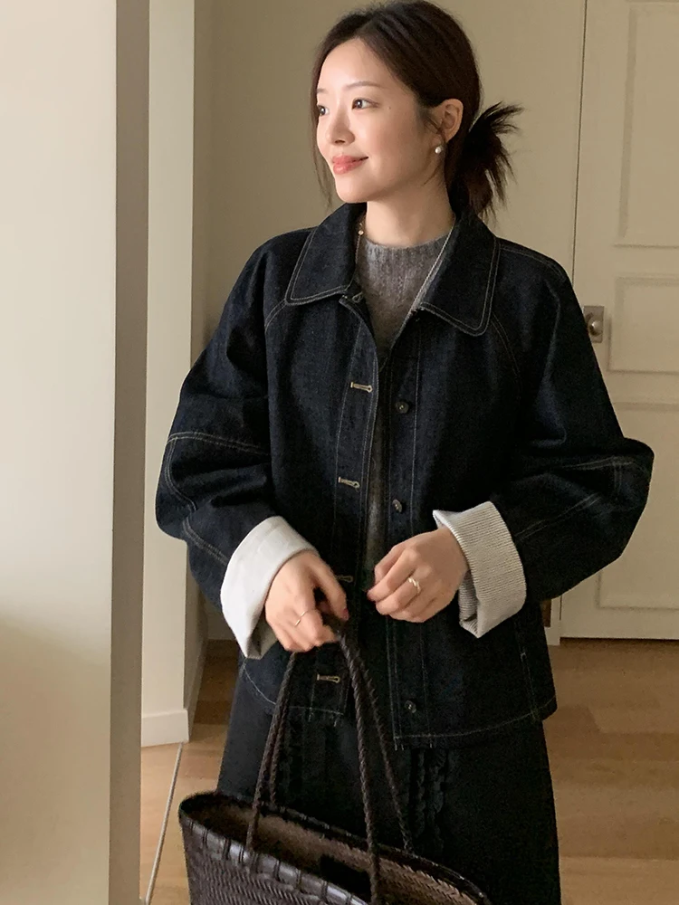 Women Spring Autumn Cropped Denim Jacket Casual Versatile Fashion Short Coat Petite Size Stretchy Slimming Tops Outerwear