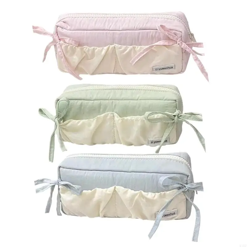 Pencil with Top Zippers, Roomy Soft Stationeries Organizers with Bows Detail for Students, School Desk and Backpacks K1KF