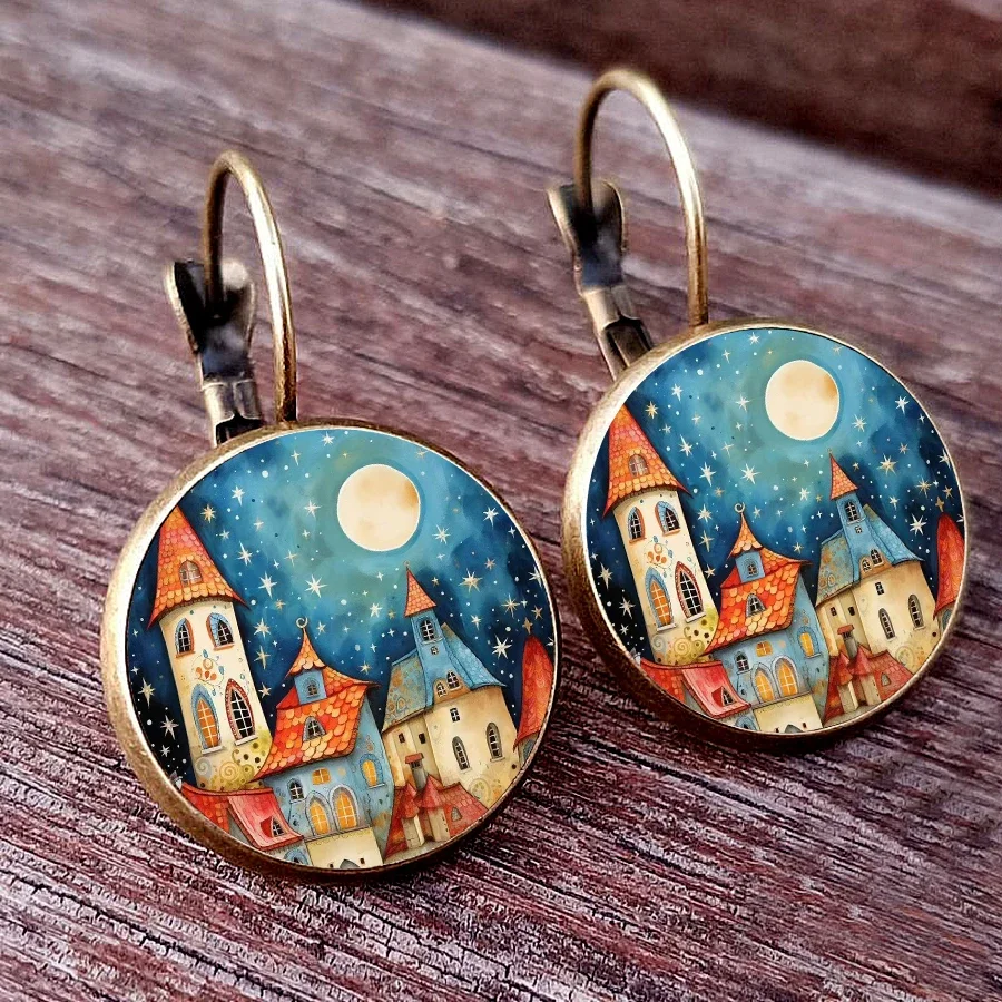 Dream castle Earrings Women Stud Earring Abstract Starlight House Oil Painting Earrings Glass Cabochon Womens Earrings jewelry