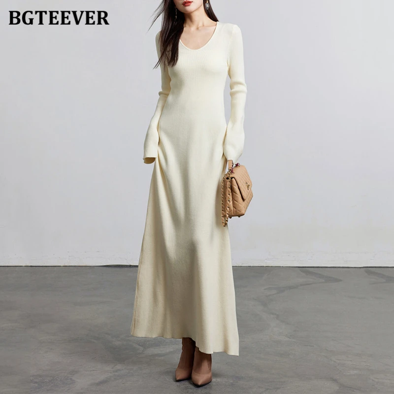 BGTEEVER Fashion V-neck Female Bodycon Sweaters Dress Autumn Winter Long Sleeve Slim Waist Women Knitted Dress