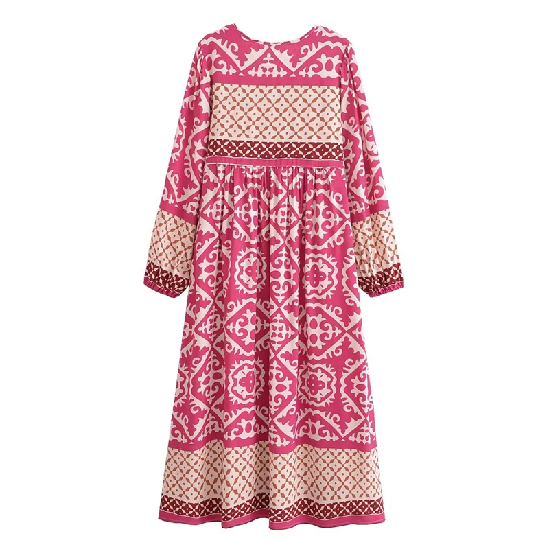 KEYANKETIAN 2025 Autumn New Bohemian style Matching Position Print MIDI Dresses Women's Lace Up O-Neck Viscose A Line Dress