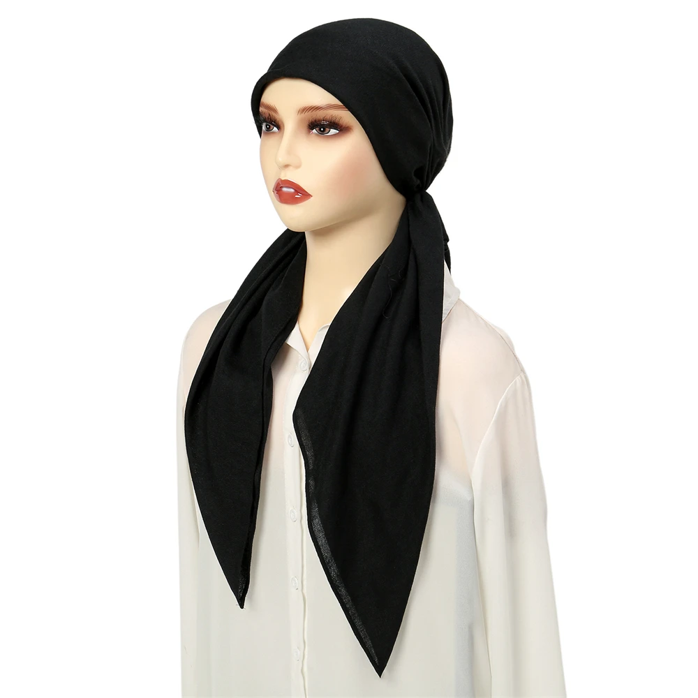 Muslim Hijab Turban Pre-Tied Hat Women Solid Color Long Tail Bonnet Chemo Cap Hair Loss Head Scarf Wrap Beanies Turbante Mujer