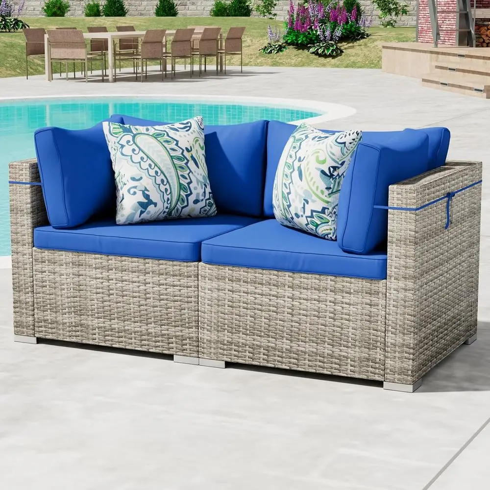 Weather-Resistant Grey 2-Piece Outdoor Wicker Sofa Set with Blue Cushions