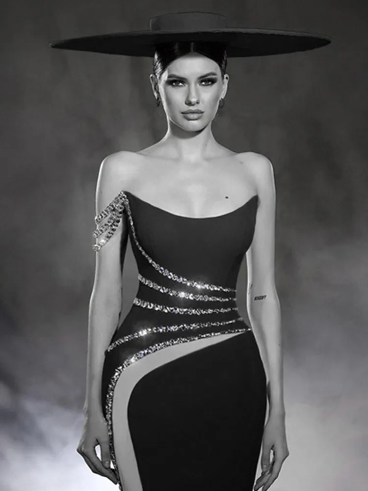 Women Celebrity Sexy Strapless Backless Beading Diamonds Black Maxi Long Bodycon Bandage Dress 2024 Evening Club Party Outfit