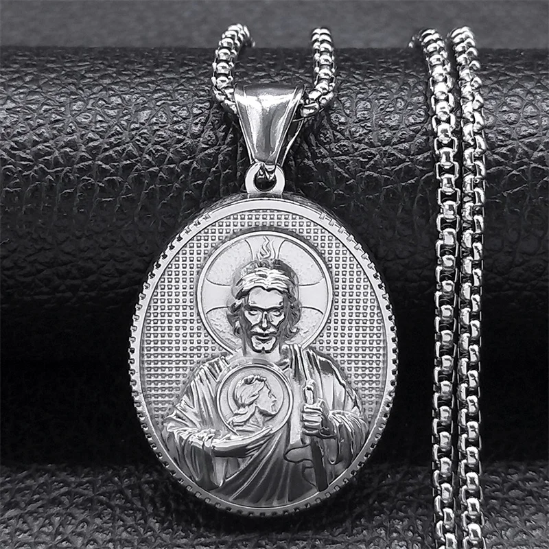 SAINT JUDE Pray for Us Necklace for Women Men Stainless Steel Silver Color Christ Jesus Medal Necklace Jewelry collar ZZ399