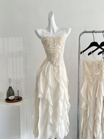 Summer French Vintage New Purple Elegant Slim Backless Party Dress Women Beige High Waist Sleeveless Ruffle Edge Slip Long Dress