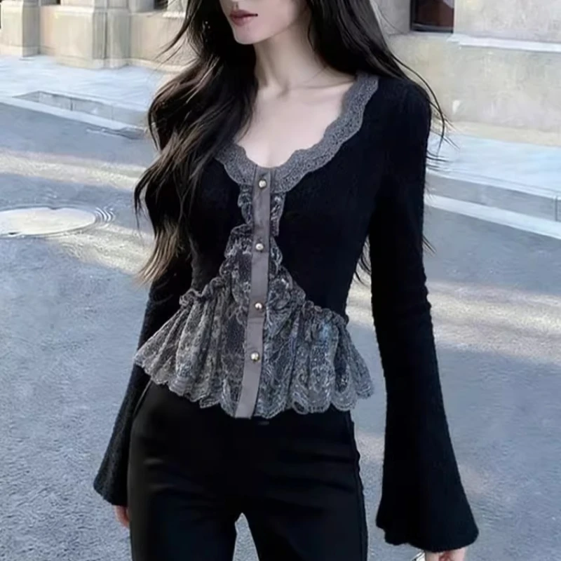

Spring Fall Women Lace Patchwork Ruffles Black Knitted Top Shirt , Vintage Fashion Elegant Top Shirts for Woman Clothes