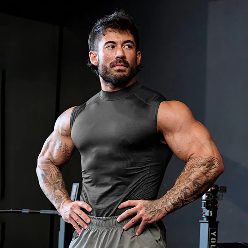 Compression Cut-off Tank Tops Muscle Mens Fitness Clothes Solid Sports Sleeveless Shirt High Neck Elastic Gym Bodybuilding Vest