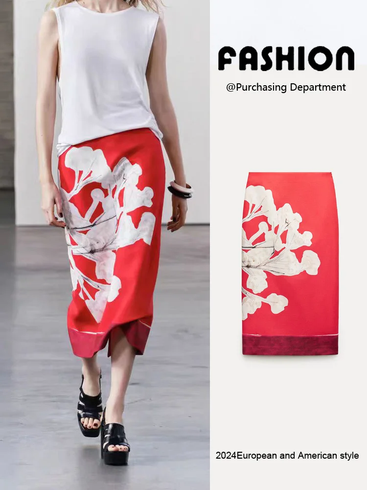 Taille haute imprimé jupe portefeuille droite mélange lin été nouveau femmes Faion mi-longue a-ligne jupes plante florale