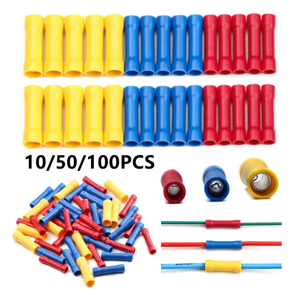 10/50/100pcs BV1.25/BV2.5/BV5.5 Insulated Straight Butt Connectors Electrical Crimp Wire Terminal Cold Press Cable Connecter Set