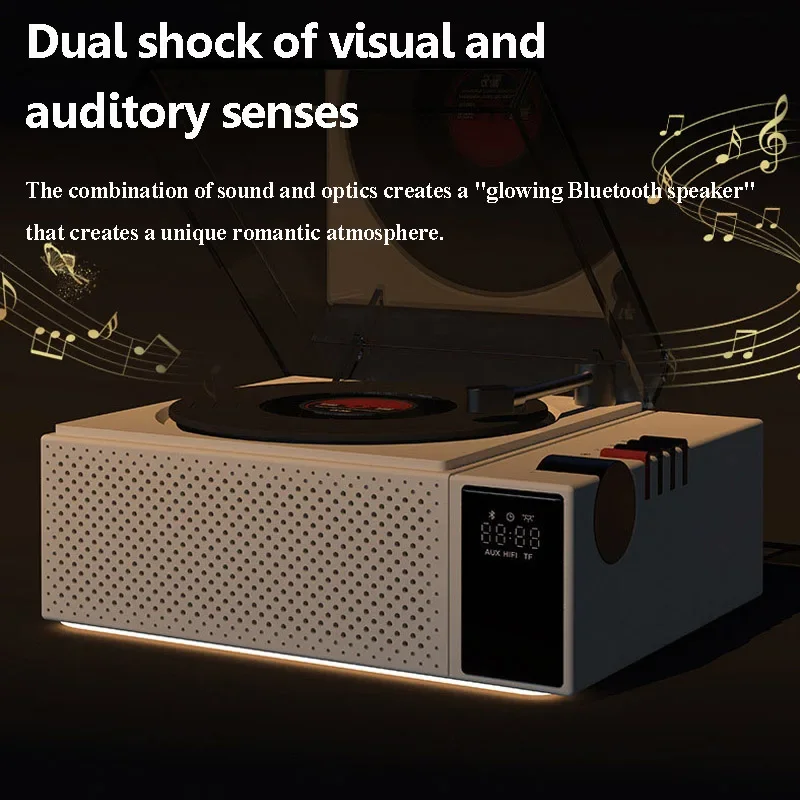 CX-200 alto-falantes portáteis bluetooth sem fio leitor de música relógio subwoofer atmosfera lâmpada retro nostálgico record player alto-falantes