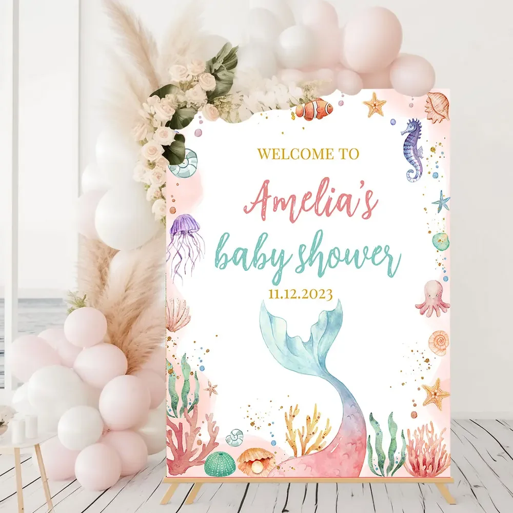 

Pastel Mermaid Birthday Welcome Sign Poster Baby Shower Custom Art Print Canvas Painting Baptism Wall Picture Girl Party Decor